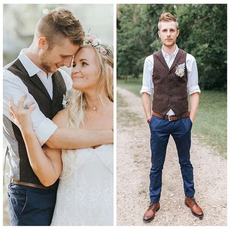 Brown Tweed Wool Herringbone Rustic Groomsmen Vest With Pockets