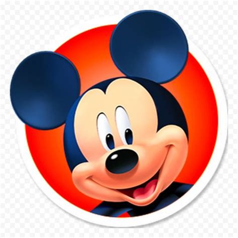 A Mickey Mouse Sticker With An Orange Circle In The Background And Blue