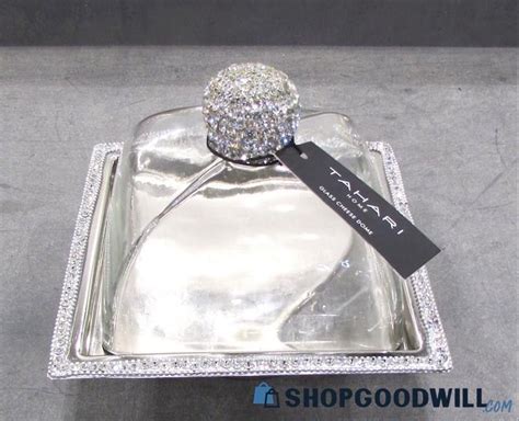 Tahari Bling Rhinestone Pedestal Cloche Glass Cheese Cake Dessert Dome