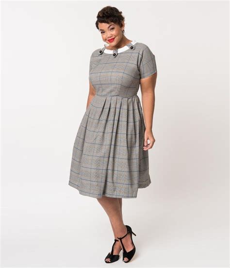 Plus Size Retro Style Grey Plaid Check Short Sleeve Beatrice Swing Dre Unique Vintage Retro