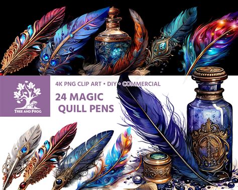 24 PNG Magic Quill Pens Clipart Ink Bottle Feather Metal Etsy