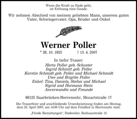 Traueranzeigen Von Werner Poller Saarbruecker Zeitung Trauer De