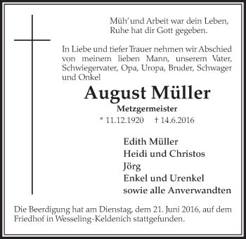 Traueranzeigen Von August M Ller Wirtrauern