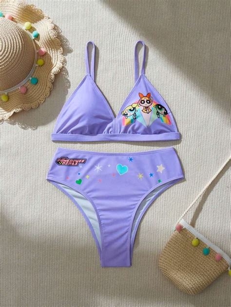 THE POWERPUFF GIRLS X SHEIN Conjunto de bikini de punto con gráficos de