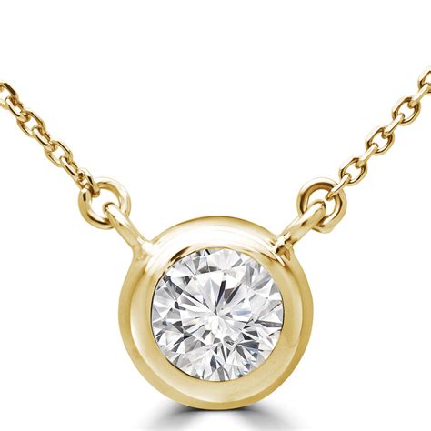 Round Diamond Bezel Set Solitaire Pendant Necklace In Yellow Gold With