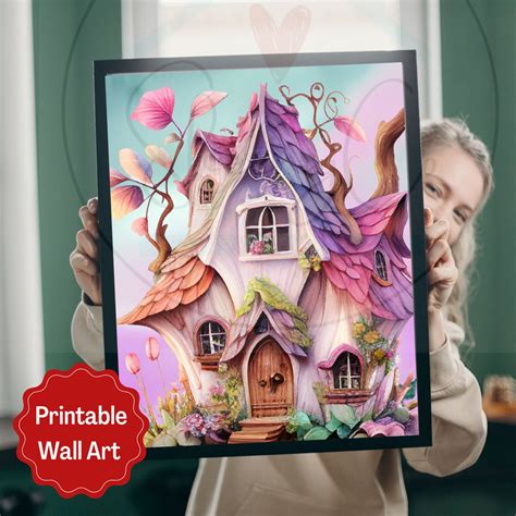 Pink Fairy House Art Whimsical Magical Home Printabledigital Wall