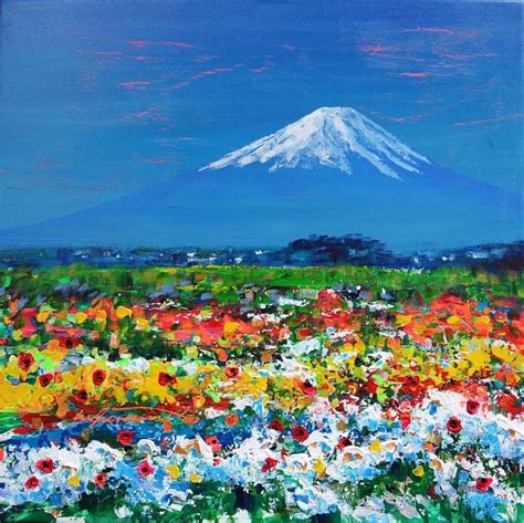 Fuji Mountain in Japan Acrylic Painting on Canvas, Spring Blossom ...