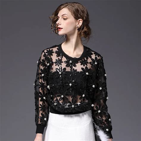 2018 Spring New Mesh Lace Top Pearl Beading Hollow Out Sexy Women Blouses Black Long Sleeve