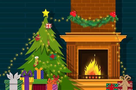 Premium Vector | The scene in the room has a christmas tree fireplace ...