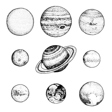 태양계 달과 태양 수은 지구 화성 금성 목성 또는 토성 및 명왕성 천문 은하계의 행성은 레이블을 위해 오래된 스케치 빈티지