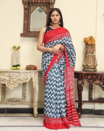 Formal Wear Blue And Red Ladies Zig Zag Printed Saree With Blouse 6 3