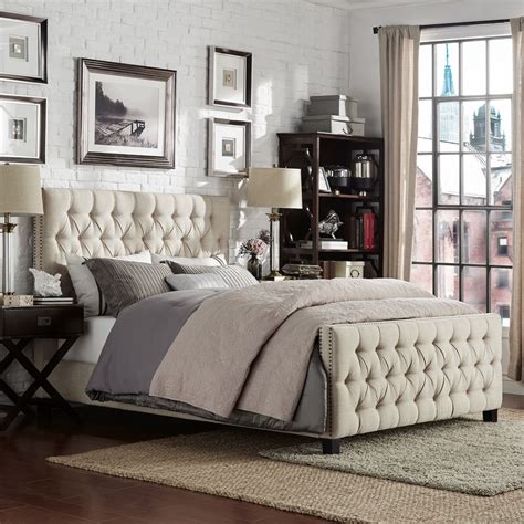 Knightsbridge Beige Linen Rolled Top Tufted Chesterfield Bed By INSPIRE