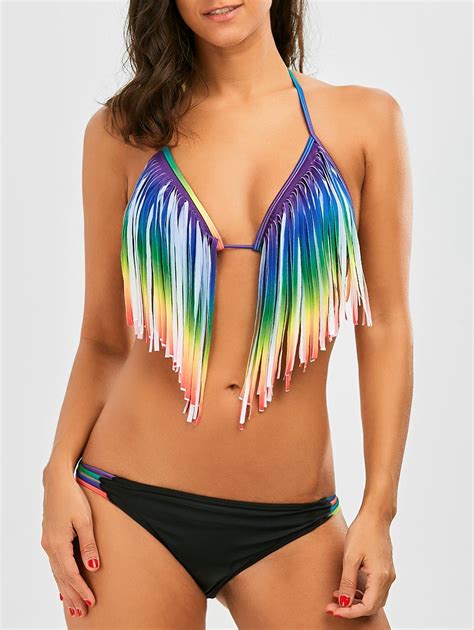 69 OFF Rainbow Fringe Halter String Bikini Set Rosegal