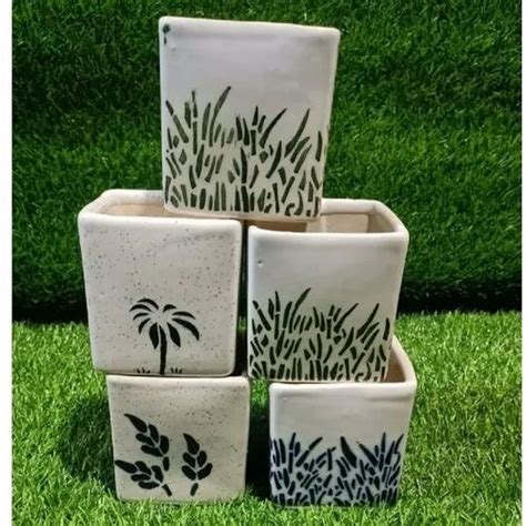 White Glazing Square Printed Ceramic Flower Pot Set For Garden Size