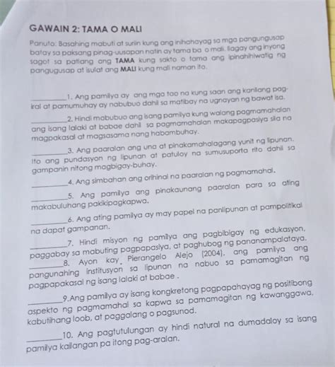 GAWAIN 2 TAMA O MALI Panuto Basahing Mabuti At Suriin Kung Ang