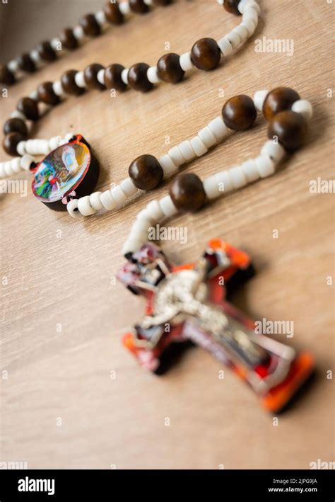 Wooden Altar Rosary With St Benedict Cross And White Beads Used For