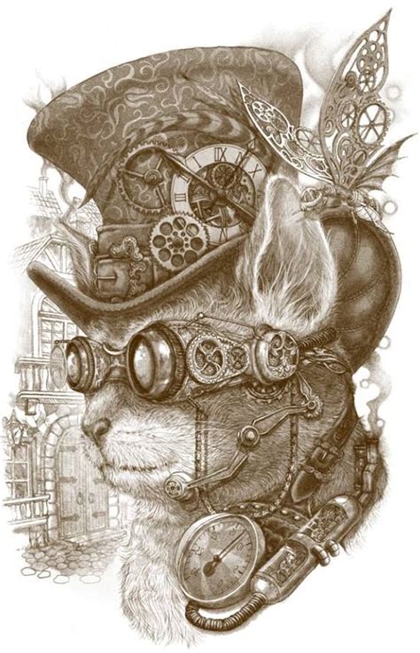 Steampunk Cat Print Not Sure Whom The Artist Is But This Is Wonderful