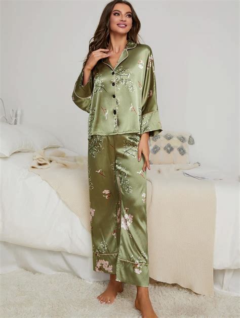 Floral Print Contrast Piping Satin Blouse Pants PJ Set SHEIN