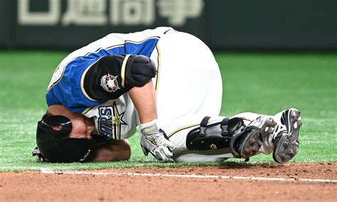 日本ハム樋口が死球受け苦悶の表情 担架で運ばれ、そのまま途中交代 プロ野球写真ニュース 日刊スポーツ