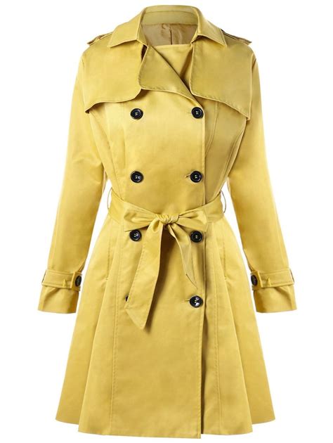 Tie Belt Double Breasted Trench Coat Yellow S Yellow Trench Coat Belted Trench Coat Double