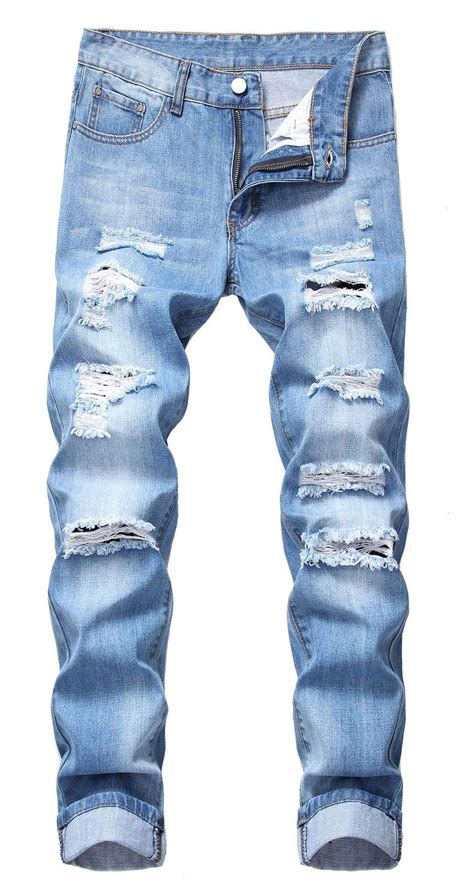 Men's Casual Skinny Ripped Jeans Tapered Leg Distressed Denim Pants - Denim Fit