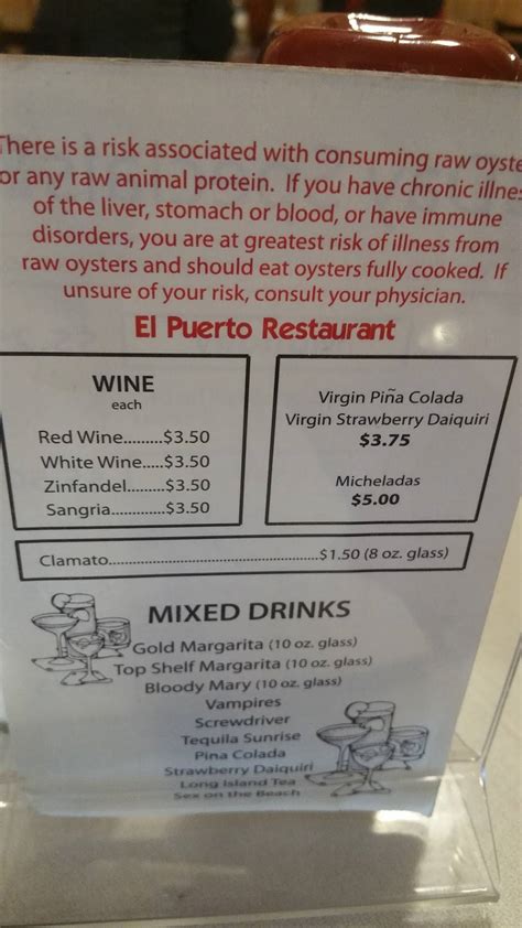 Menu at El Puerto restaurant, Fort Worth