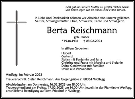 Traueranzeigen Von Berta Reischmann Schwaebische De Trauerportal