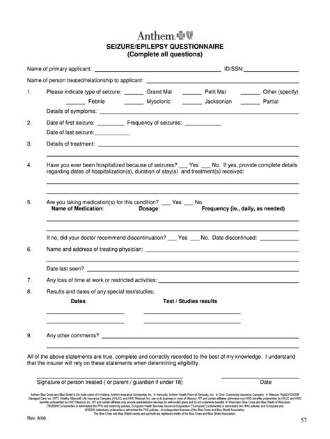 Fillable Online Seizure Epilepsy Questionnaire Fax Email Print Pdffiller