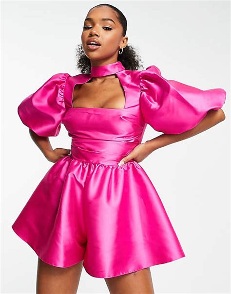 Asos Design Puff Sleeve Taffeta Playsuit With Cut Out In Hot Pink Asos