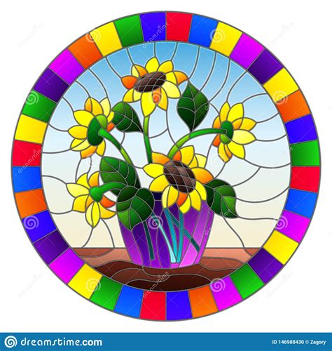 Stained Glass Illustration With Bouquets Of Sunflowers In A Blue Vase On Table On A Blue