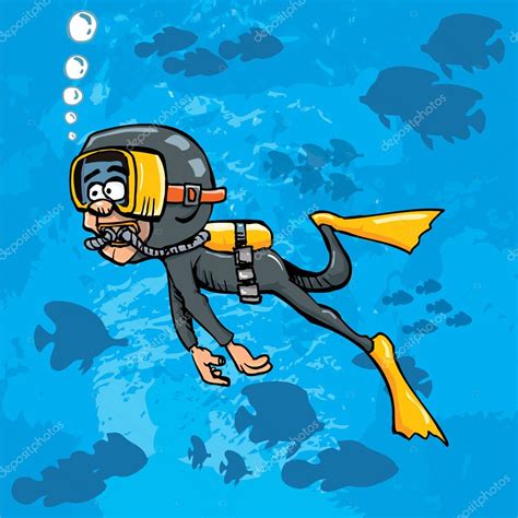 Cartoon Diver Swimming Underwater With Fish Stock Vector Antonbrand