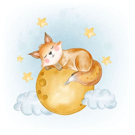 Premium Vector Adorable Fox Sleep The Moon Watercolor