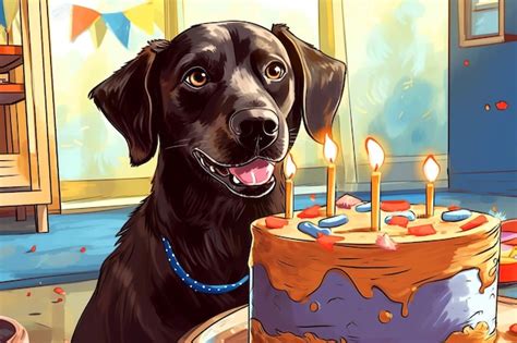 Premium AI Image | A dog in a festive hat is sitting next to his birthday cake with candles ...