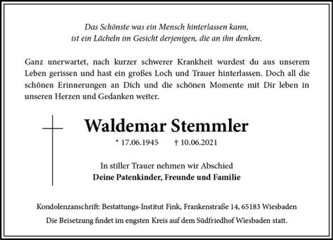 Traueranzeigen Von Waldemar Stemmler Vrm Trauer De