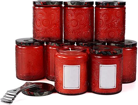 Ruby Red Embossed Glass Candle Container With Lid And Labels 8 Oz Pack Of 9 Arts