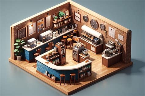 Premium Ai Image Isometric Coffee Shop Interior Concept 3d Illustration