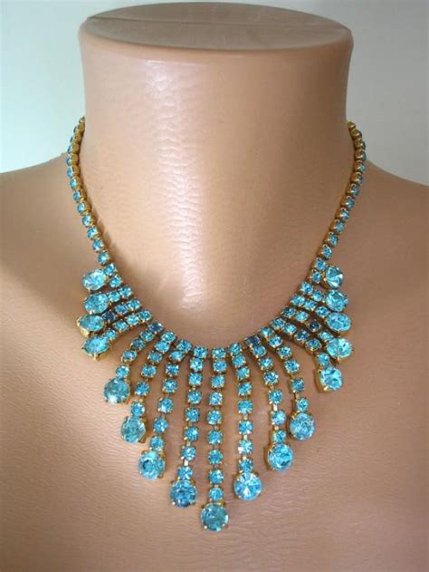 Turquoise Rhinestone Necklace Aqua Choker Crystal Statement Necklace