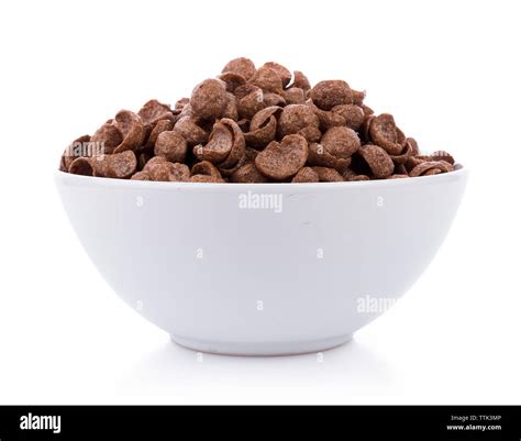 Chocolate Cereals In White Bowl On White Background Cornflakes Stock