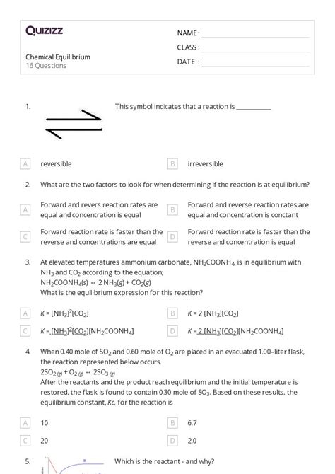 Chemical Equilibrium Worksheets For Th Class On Quizizz Free