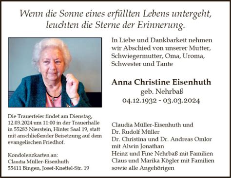 Traueranzeigen Von Anne Christine Eisenhuth Vrm Trauer De