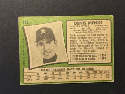 Denis Menke Astros Signed 1971 Topps Baseball Card 130 Auto Autograph