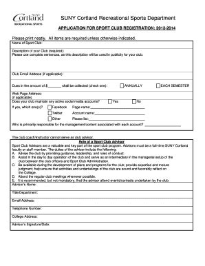 Fillable Online Www2 Cortland 2013 2014 Sport Club Registration Form