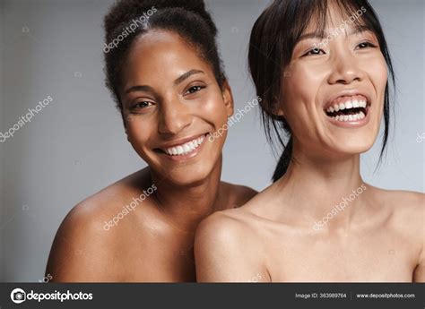 Portrait Two Multinational Half Naked Women Posing Together Laughing