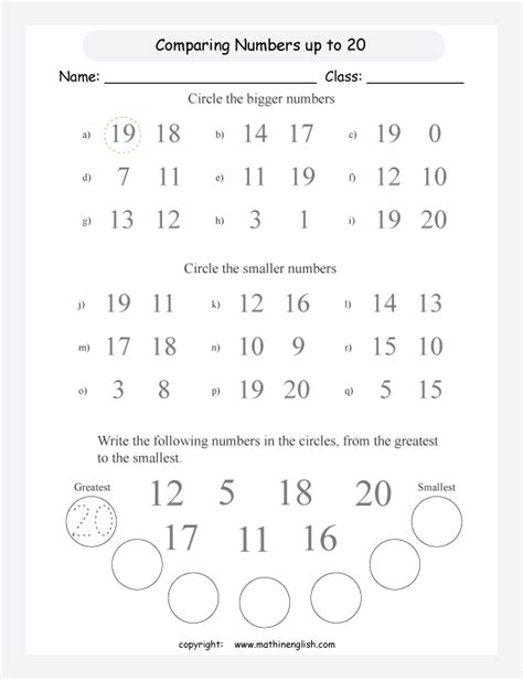 Comparing And Ordering Numbers Up To 20circle The Bigger And Smaller