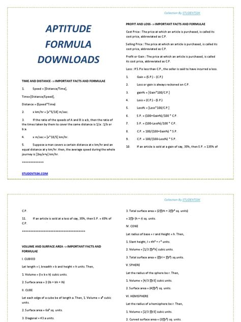 Aptitude Formula Downloads Volume Sphere