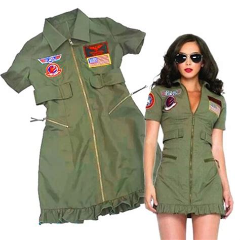 Retro Top Gun Maverick Flight Dress Halloween Costume For Adult Women Army Green American