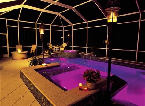 Enclosed Pool And Spa With Lamps And Fire Element Residential Pool