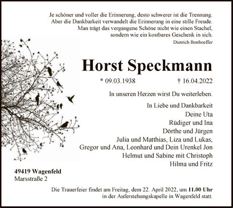 Traueranzeigen Von Horst Speckmann Trauer Kreiszeitung De