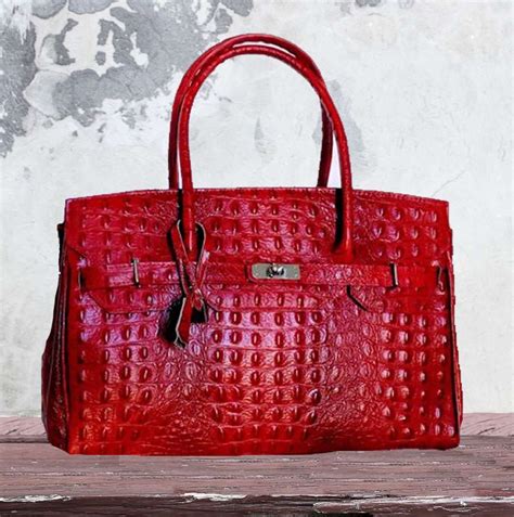 Red Ostrich Pattern Birkin Inspired Handbag NKD Naked Italian Bags