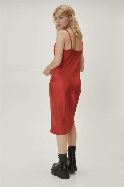 Red Satin Cowl Neck Midi Slip Dress La Chic Pick